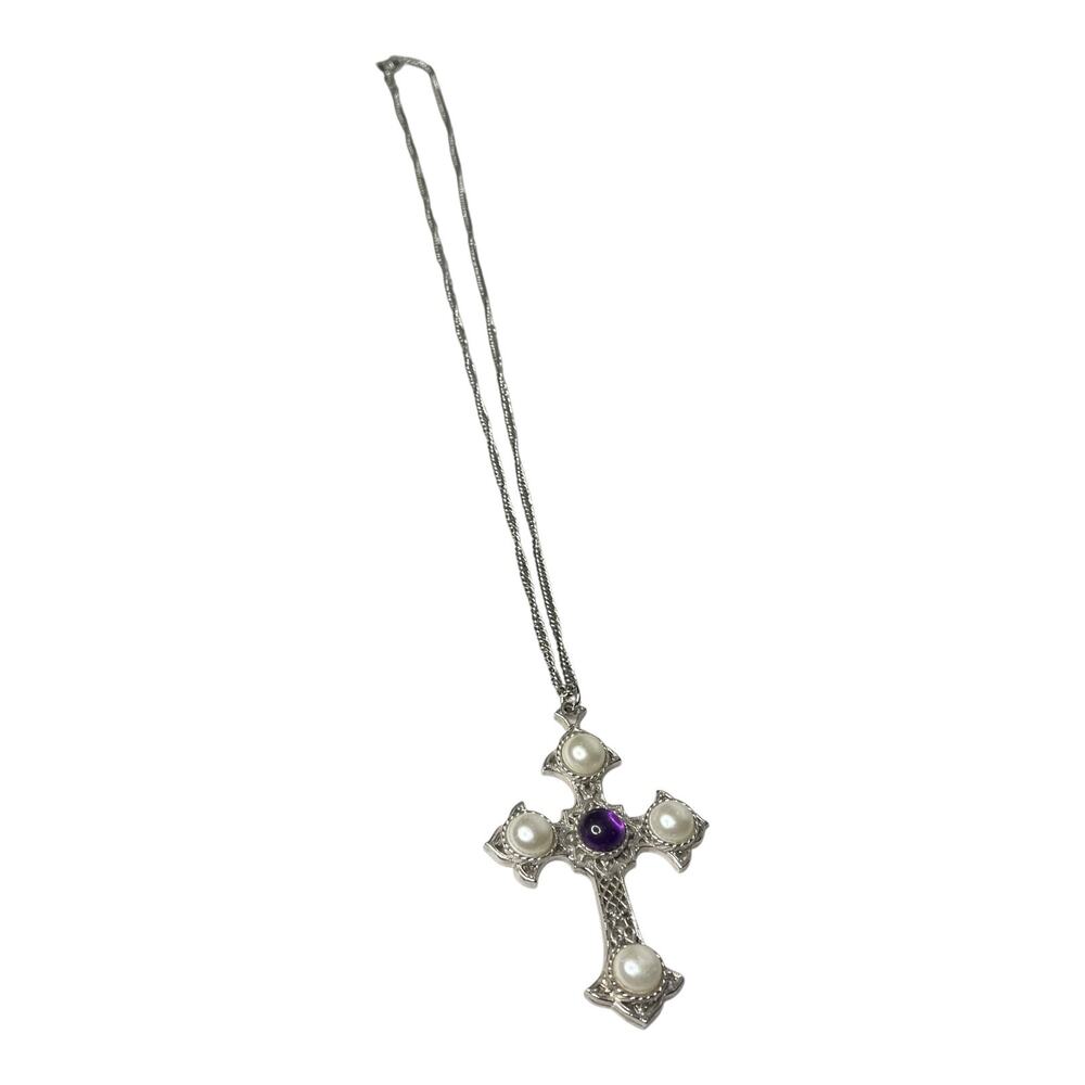 Vintage Sarah Coventry Cross Necklace Faux Pearl Purple Cabochon Silver Tone - Picture 7 of 8